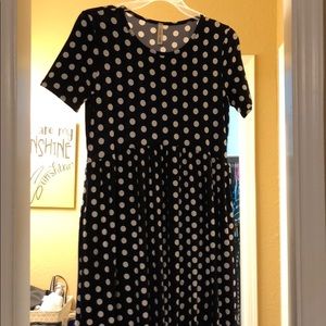 Navy blue dress with white polka dots